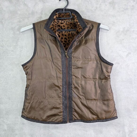 Womens Reversible Leopard Print Faux Fur & Quilted Brown Full Zip Vest Jacket L - Picture 5 of 9